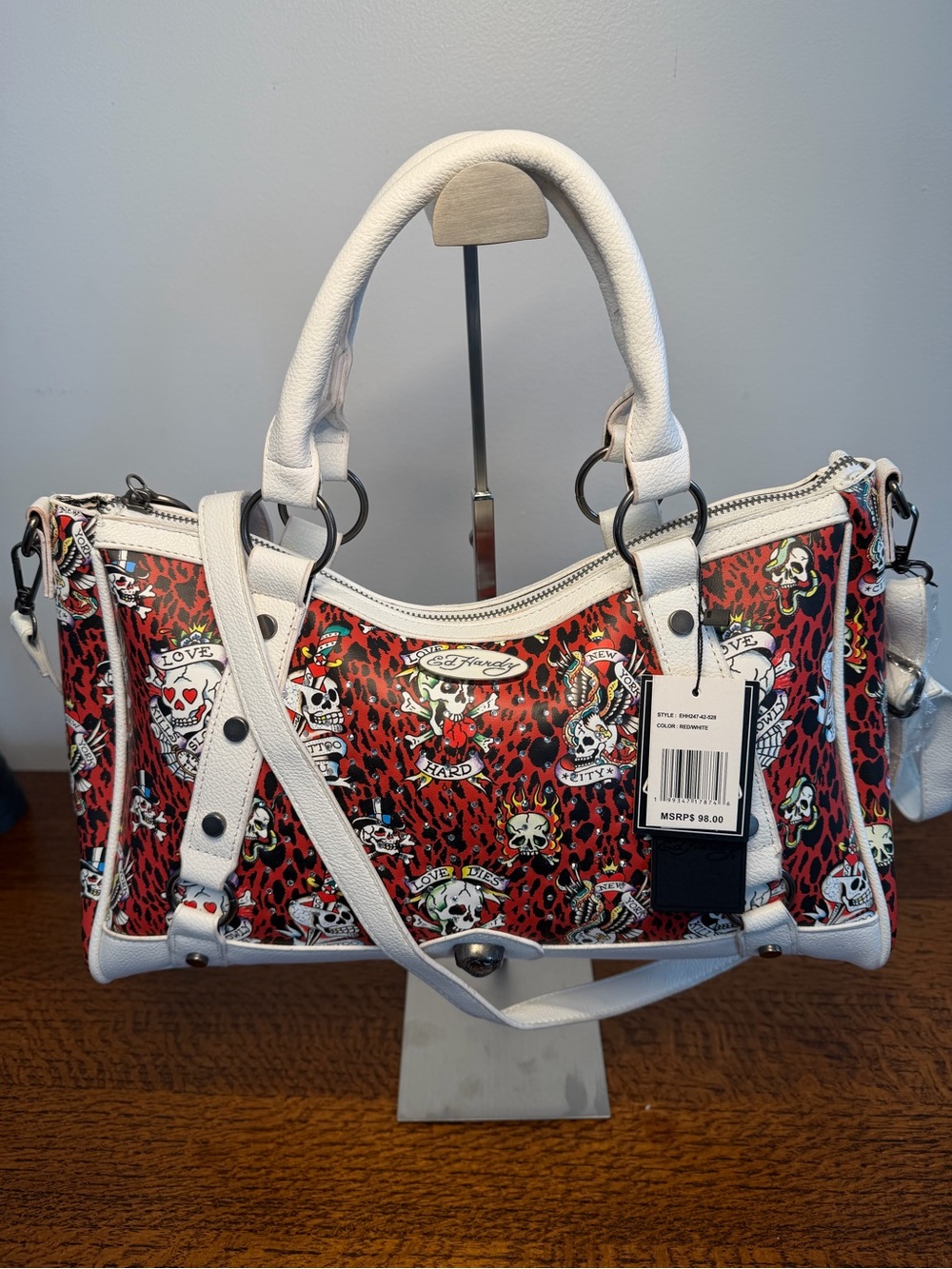 NWT Ed Hardy Red Leopard Skull Tattoo Satchel Crossbody/Shoulder Bag